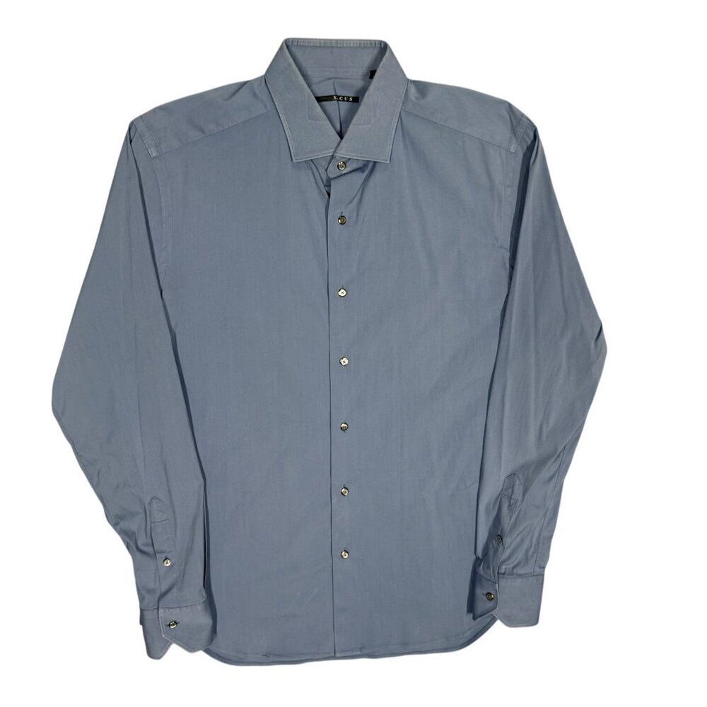 XACUS Dress Shirt Long Sleeve Button Up Stretch Made in Italy Blue 16 1/2 Large
